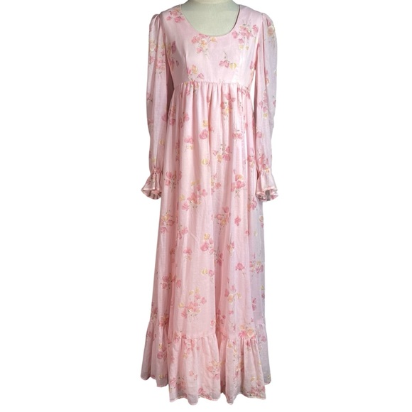 Vintage 70s Pink Floral Prairie Maxi Dress - Picture 2 of 6